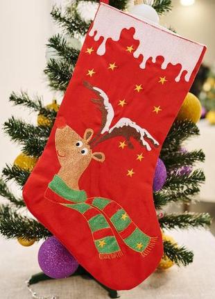 Новорічний подарунковий чобіток, різдв"яний носок, з вишивкою, червоного кольору, вишивка - олень.пп"світлана-к"