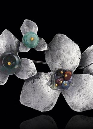 Брошь брошка кулон подвес металлическая цветок винтаж орхидея цвет-мокрый асфальт