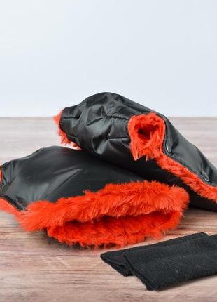 Муфта рукавички раздельные, на коляску / санки, универсальная, для рук, красный плюш травка (цвет - черный)