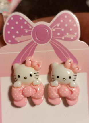 Детские клипсы серьги сережки (без прокола) для принцессы белая кошка котик китти розовый бант
