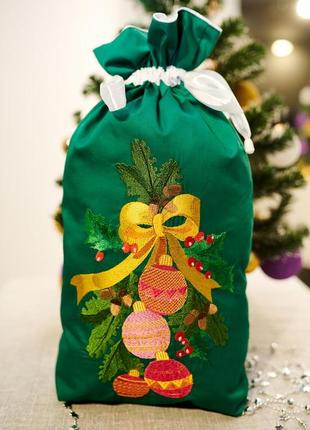 Новорічна подарунковий мішечок/вишивка-новорічні кулі/зелений/пп"світлана-к"
