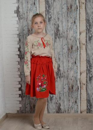 Юбка детская с разрезом, вышивка - гладь (петракивка), шелк, цвет - красный.1 фото