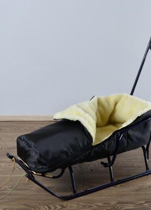 Детский конверт для санок, из непродуваемой ткани, на синтапоне + овчине, цвет черный.
