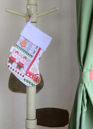 Новогодний подарочный сапог/ рождественский/ 29*21ткань-рогожка100%хлопок/серого цвета/ свинки