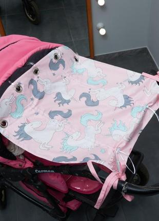 Сонцезахисна шторка на коляску або автокрісло, з принтом - єдинороги + однотонний рожевийзірочки+ зигзаги