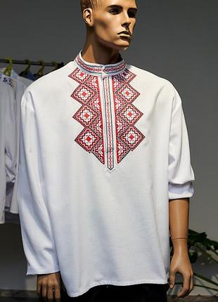 Чоловіча вишиванка / тканина - онікс білий / червоно-чорна вишивка ромби.