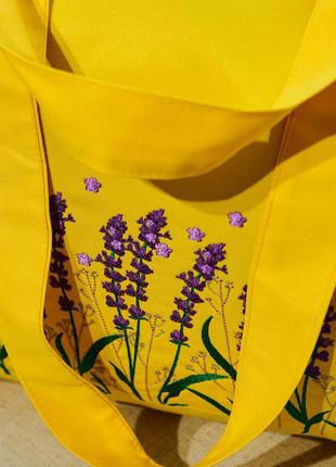 Сумка-шоппер/сумка для закупок/пляжна сумка тканинна, колір - жовтий, на блискавці, вишивка - лаванда.10 фото