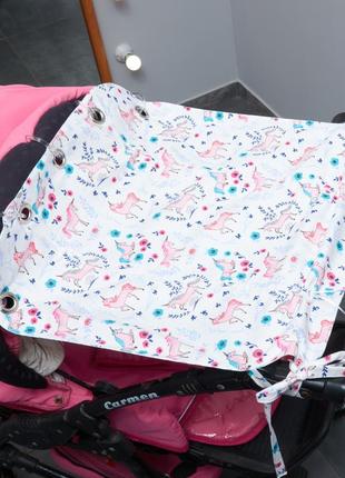 Солнцезащитная шторка на коляску или автокресло, с принтом - единороги+ звездочки