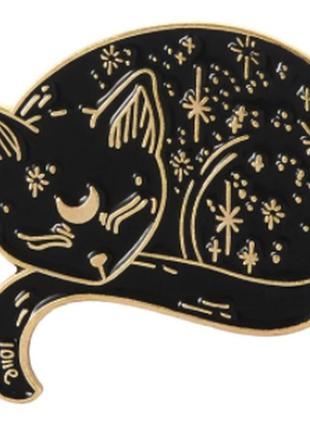 Брошь брошка пин значок черный кот кошка спит металл эмаль луна звезды