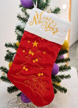 Новорічний подарунковий чобіт, різдвяний носок, з вишивкою, червоного кольору,вишивка -"ялинка" .1 фото
