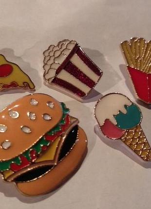 Брошь брошка эмаль металл пин набор =5шт пица картошка фри мороженое рожок сэндвич попкорн