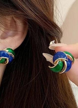 Клипсы серьги сережки (без прокола) металл пр-во корея синие с зеленым завитушки