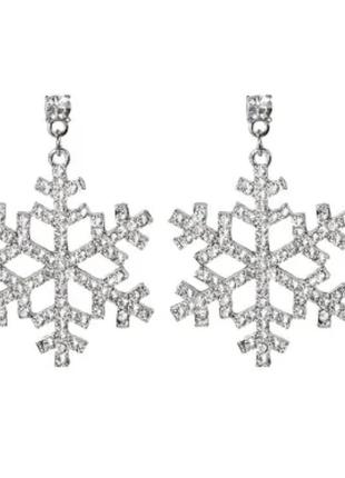 Клипсы серьги сережки (без прокола) серебристый металл камни белые снежинка зима