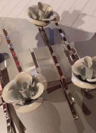 Невидимки заколки металу набір 4шт шпильки качка з квітами білими