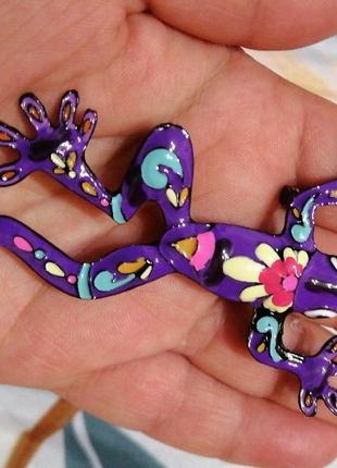 Брошь брошка кулон подвеска 2 в 1 металл эмаль фиолетовая жаба лягушка роспись