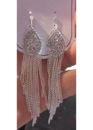 Клипсы серьги сережки (без прокола) пр-во корея серебристый металл верх-капля низ-цепочки 8.8 см