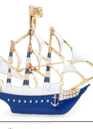 Брошь брошка эмаль металл корабль парусник лайнер синий