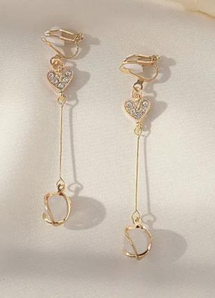 Длинные клипсы серьги сережки (без прокола) золотистые мини сердце-верх