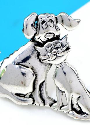 Бронь брошка кулон підвіска срібний метал кіт і пес собака
