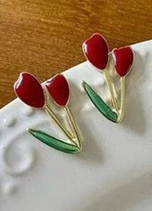 Бомбезные клипсы серьги сережки (без прокола) золотистый металл пр-во корея цветы тюльпаны  красные