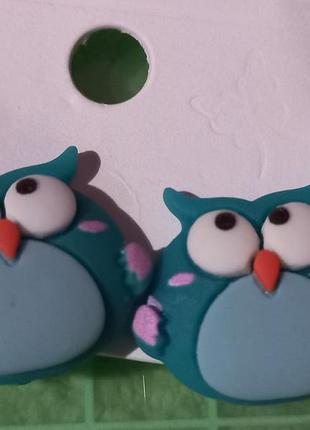 Детские клипсы сережки (без прокола) для принцессы бирюзовые совы совушки пластик