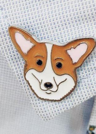 Брошка-брешка значок пін-емаль метал собака мордочка корги