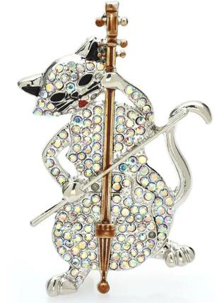 Брошь брошка серебристая скрипка виолончель музыка кошка кот камни