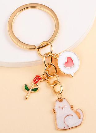 Брелок на ключі метал емаль білий кішка кіт 3 підвіски сердечко троянда червона