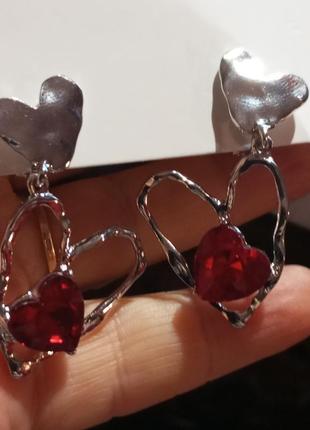 Серце сріблястий метал червоний камінь кліпси (без проколювання) сережки сережки пр-во корея