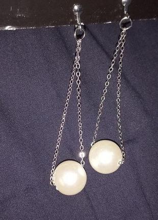 Кліпси сережки сережки (без проколювання) пр-во корея сріблясті перли на ланцюжках довгі