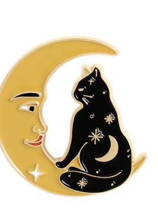 Брошь брошка значок двойной пин черный кот кошка металл эмаль желтая луна