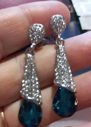 Красиво клипсы серьги длинные (без прокола) капля серебристый металл бирюза голубой камень пр-во корея