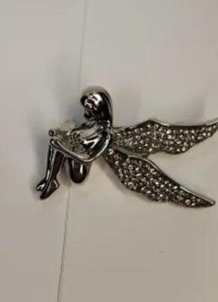 Брошь брошка ангел ангелочек камни серебристый металл крылья3 фото