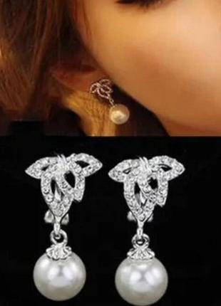 Клипсы серьги сережки (без прокола) металл пр-во корея очень красиво подвеска жемчуг ажурные верх