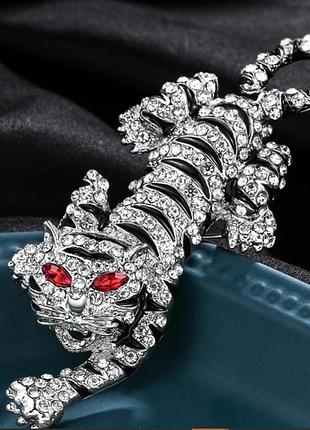 2 в 1 крупная 9см брошь брошка кулон подвеска красивая тигр серебристый металл цвет шикарный шевелится хвост