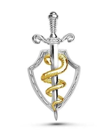 Медицинская брошь брошка значок металл медицина кадуцей со змеей змея серебристый