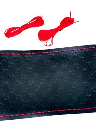 Оплетка на руль №4 со шнуровкой из натуральной кожи черной перфорированная кожа 38см  6413