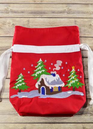 Новогодний рождественский подарочный мешочек/вышивка- домик, красный8 фото