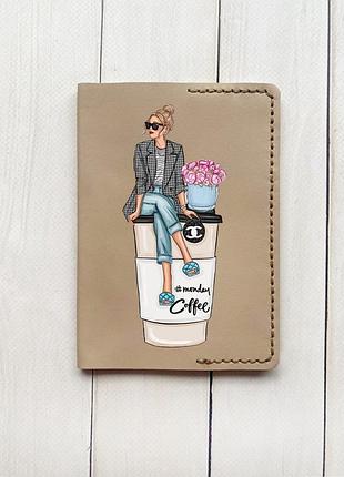 Кожаная обложка на паспорт книжку :: бежевая (принт 228)