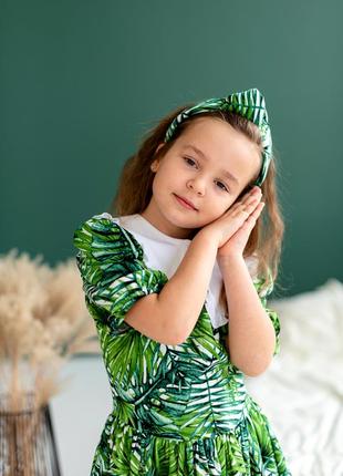Платье детское, подростковое, с белым съемным воротником, нарядное,  зеленое  - принт9 фото