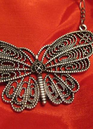 Ожерелье цепочка колье бусы бабочка серебристый металл