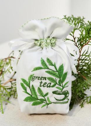 Мешочек для хранения чая / подарочный с завязками / вышивка машинная - зеленый чай / белый / пп "светлана-к"