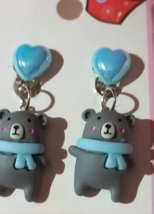 Детские клипсы серьги (без прокола) для принцессы мишка медведь в шарфике