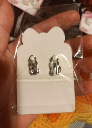 Детские клипсы серьги сережки (без прокола) белая кошка котик китти розовый бант кролик зайка