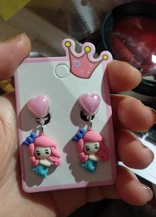 Детские клипсы серьги сережки (без прокола) для принцессы девочка куколка розовые волосы