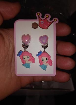 Детские клипсы серьги сережки (без прокола) для принцессы девочка куколка розовые волосы