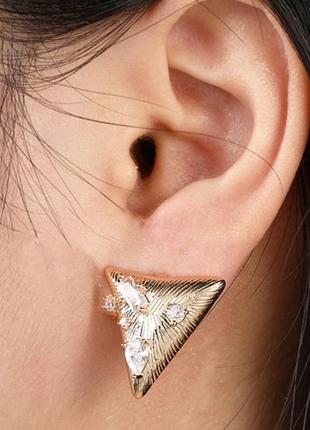 Клипсы серьги сережки (без прокола) серебристый металл треугольник белые камешки пр-во корея