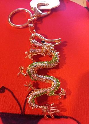 Брелок метал сувенір дракон зелений крутий об'ємний великий металевий у каменях