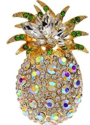 7см крутая брошь брошка ананас обьемная вся переливается металл золотистый каміни сверкают