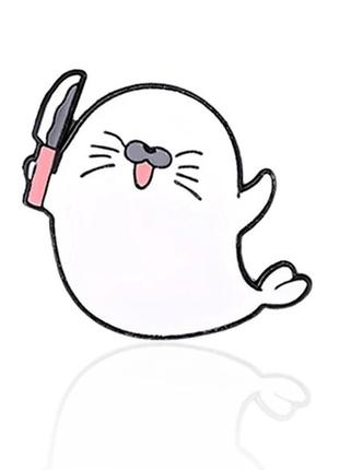 Брошь брошка пин значок морской котик белый тюлень нож металл эмаль морж